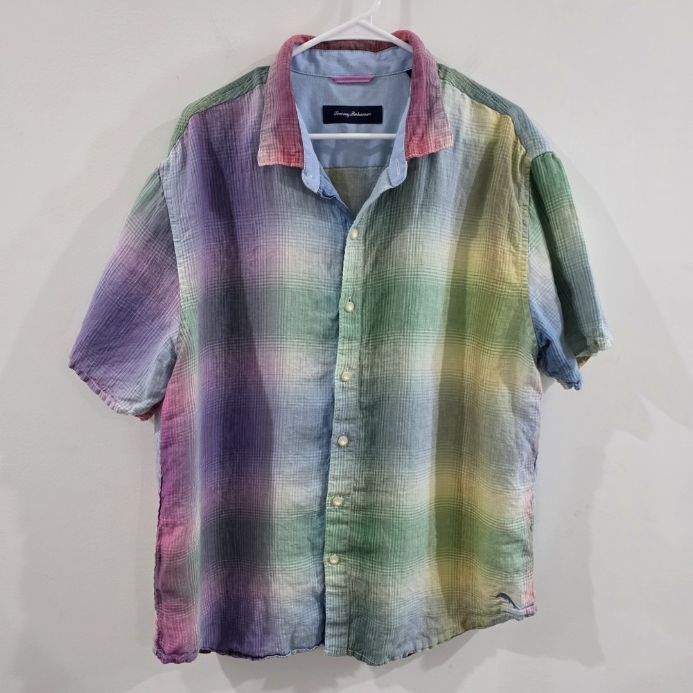 Tommy Bahama Mens Linen Button Up Shirt Size‎ XL Madras Plaid Colorful Rainbow
